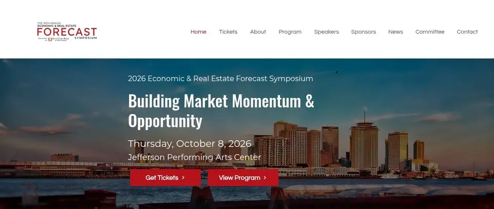 2026 Forecast homepage with the New Orleans skyline, event date, and Get Tickets and View Program buttons.